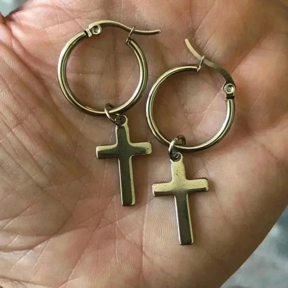 Men’s Cross on Hoop Stainless Steel Earrings NWT